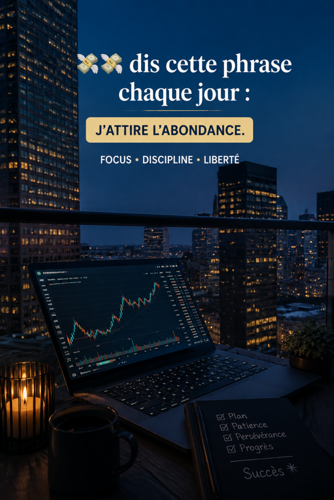 Femme souriante écrivant des affirmations financières sur son carnet.