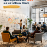 Bureau inspirant d'une startup avec des idées sur des tableaux blancs