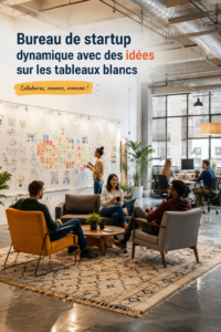 Bureau inspirant d'une startup avec des idées sur des tableaux blancs