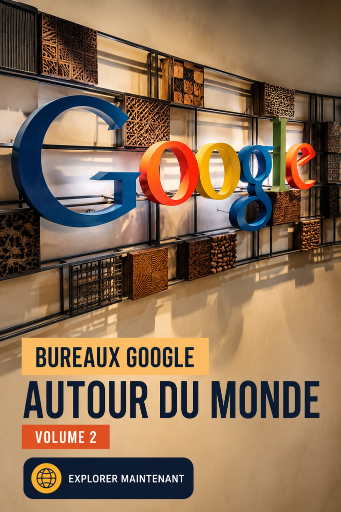 Vue d'ensemble d'un bureau Google moderne avec des espaces colorés et collaboratifs