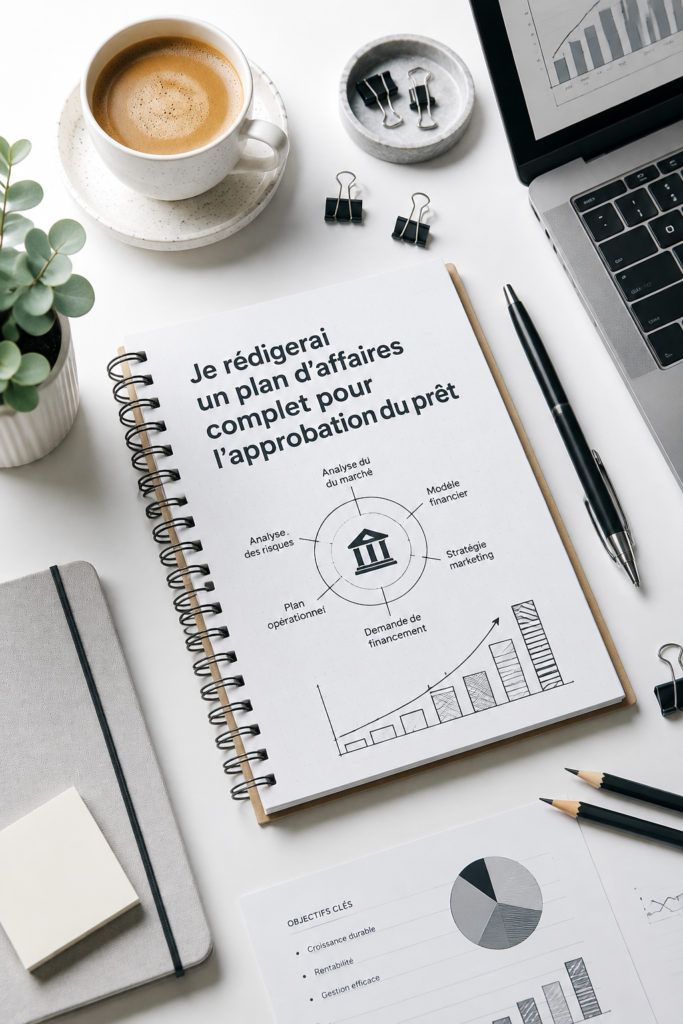 Femme entrepreneur rédigeant un business plan à son bureau, avec des notes et un ordinateur.