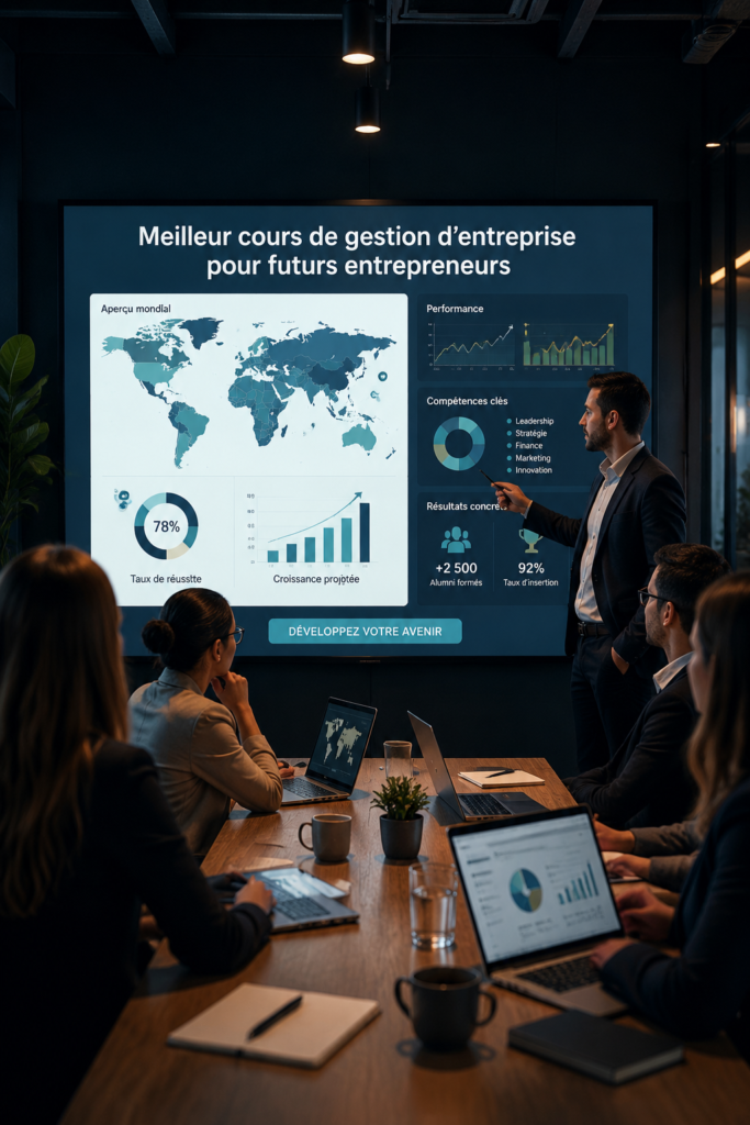Femme d'affaires moderne en train de suivre un cours de gestion en ligne