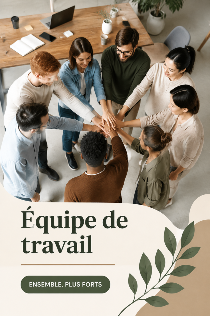 Illustration d'une équipe de travail dynamique en réunion, discutant autour d'une table.