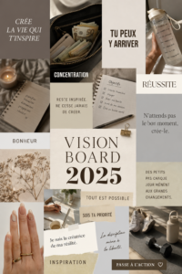 Un Vision Board rempli d'images et de mots inspirants pour 2025.