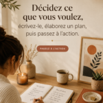 Femme réfléchissant à ses objectifs de vie dans un carnet