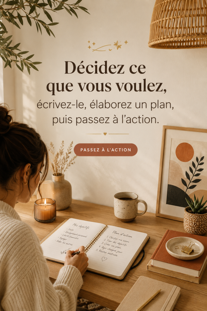 Femme réfléchissant à ses objectifs de vie dans un carnet