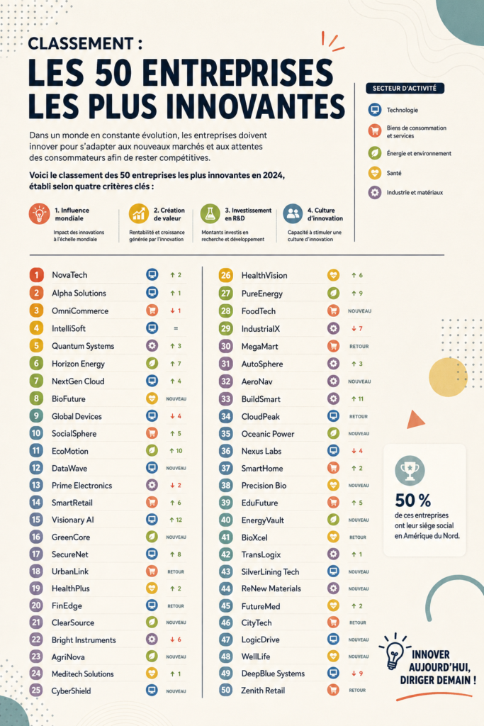 Une infographie illustrant les entreprises innovantes en 2023 dans le secteur de la gestion et stratégie d'entreprise.