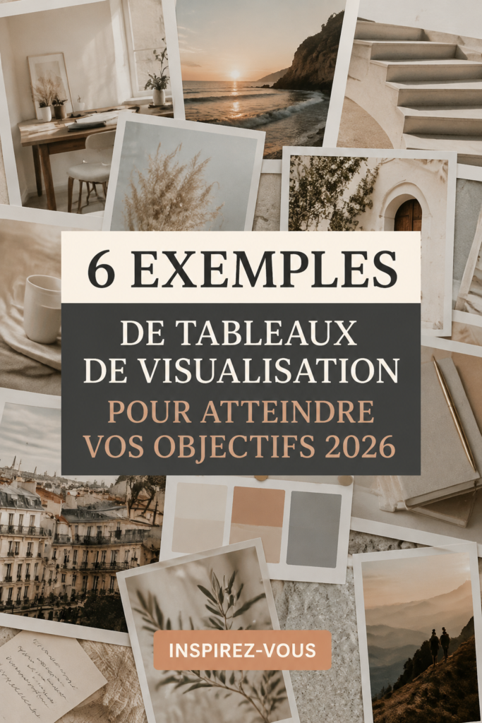 Exemple inspirant de vision board avec des images et des mots motivants pour atteindre ses objectifs.