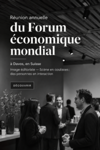 Vue aérienne du Forum Économique Mondial à Davos, avec des panneaux et des participants engagés dans des discussions.
