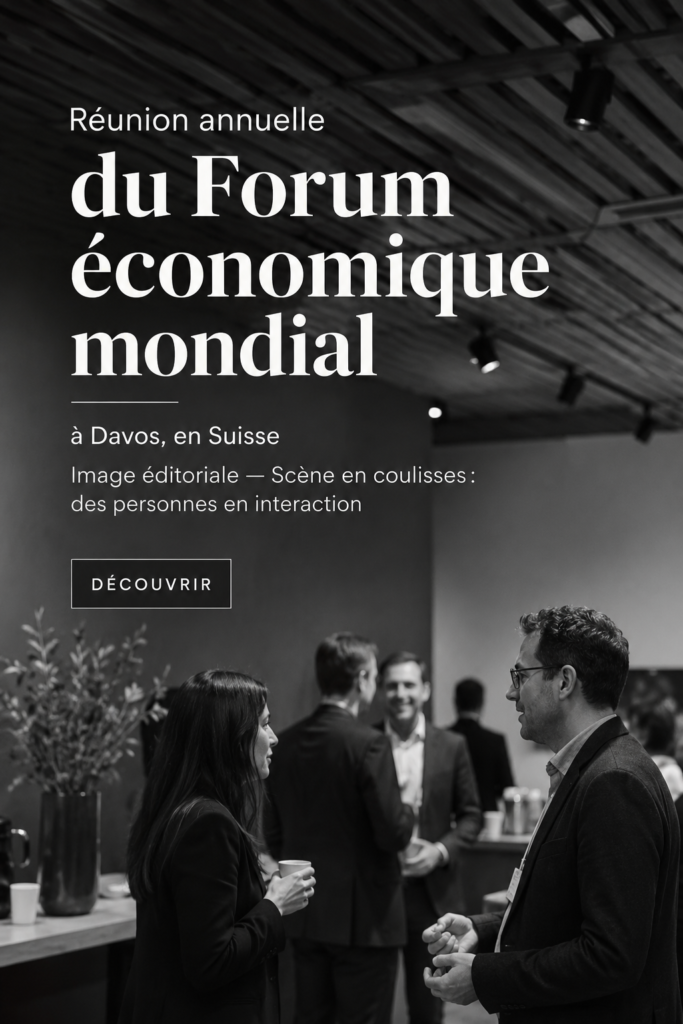 Vue aérienne du Forum Économique Mondial à Davos, avec des panneaux et des participants engagés dans des discussions.