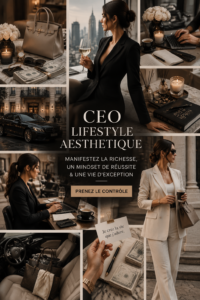 Femme dirigeante travaillant avec des éléments de luxe autour d'elle, reflet d'un style de vie inspirant.