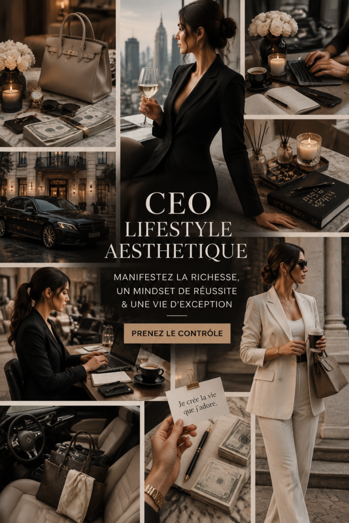 Femme dirigeante travaillant avec des éléments de luxe autour d'elle, reflet d'un style de vie inspirant.