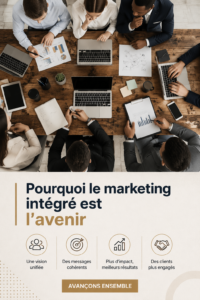 Illustration d'une femme entrepreneure discutant de marketing intégré avec son équipe.