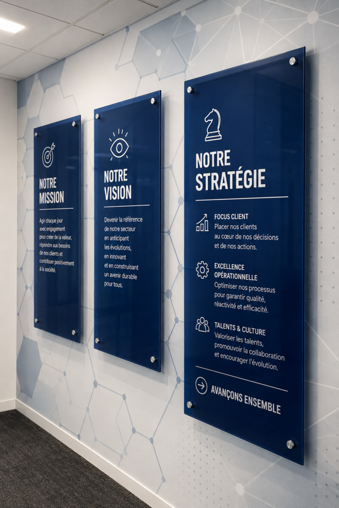 Un mur de stratégie avec mission et vision visibles, inspirant un groupe de femmes en réunion.
