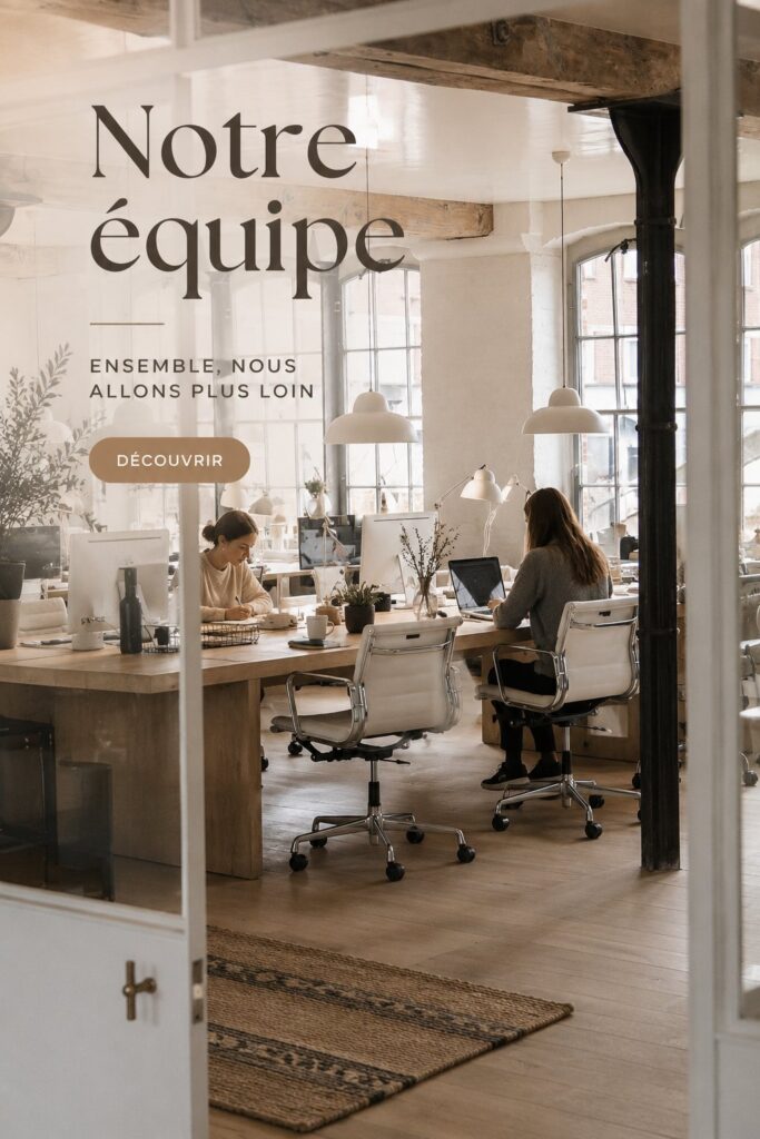 Membres de l'équipe réunis autour d'une table, présentant un environnement de travail collaboratif.