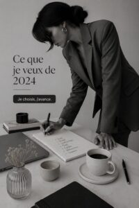 Une femme d'affaires souriante rédige ses objectifs pour 2024.