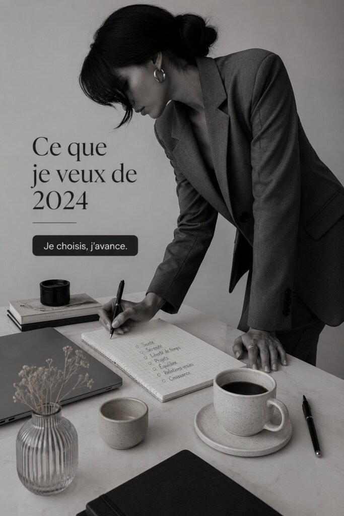 Une femme d'affaires souriante rédige ses objectifs pour 2024.