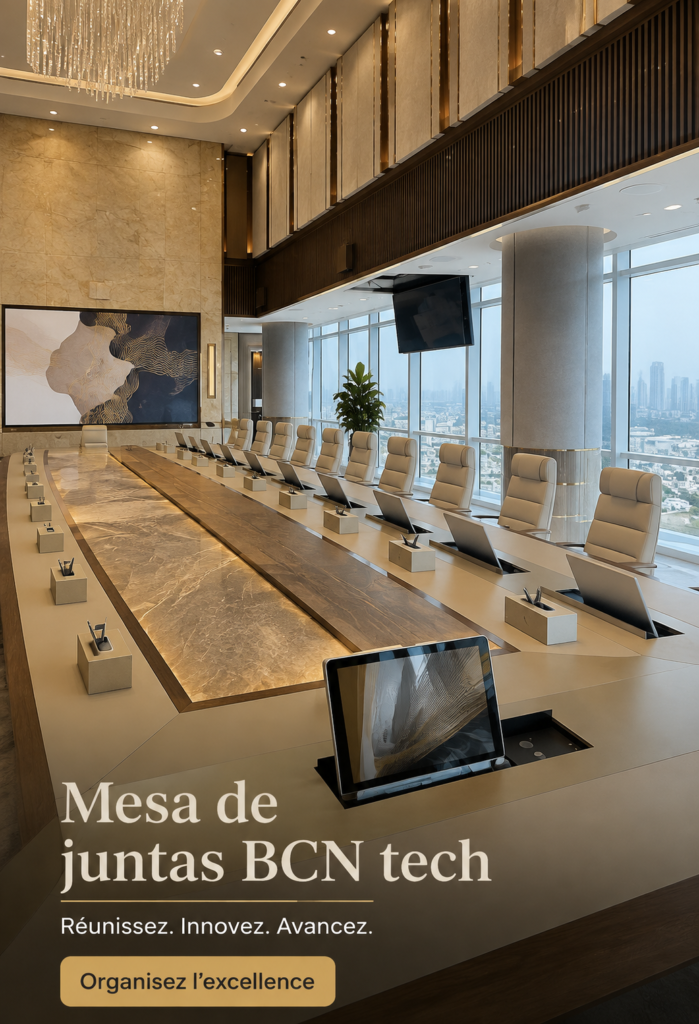 Une table Mesa moderne dans un bureau, prête pour des réunions collaboratives.