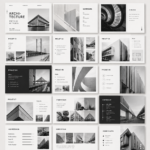 Un portfolio d'architecture ouvert, présentant des projets variés sur des pages élégantes.