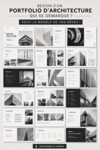 Un portfolio d'architecture ouvert, présentant des projets variés sur des pages élégantes.