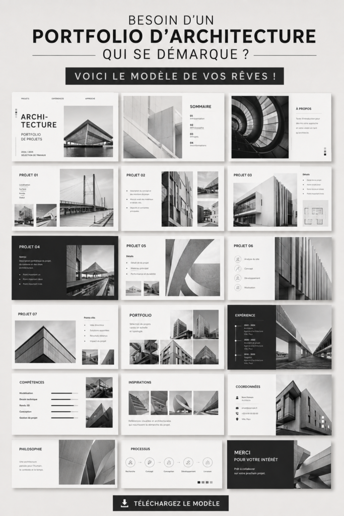 Un portfolio d'architecture ouvert, présentant des projets variés sur des pages élégantes.