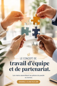 Illustration de mains réunissant des pièces de puzzle pour symboliser le travail d'équipe en entreprise