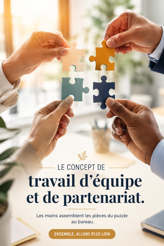 Illustration de mains réunissant des pièces de puzzle pour symboliser le travail d'équipe en entreprise
