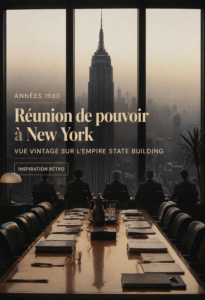 Réunion d'affaires implantée dans une salle des années 80 avec vue sur New York