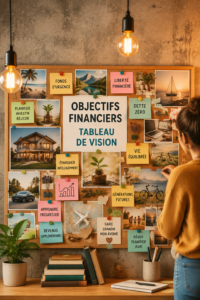 Un tableau de vision coloré illustrant divers objectifs financiers.