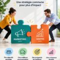 Illustration des équipes marketing et ventes en collaboration, représentant un alignement stratégique.