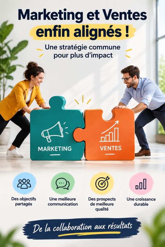 Illustration des équipes marketing et ventes en collaboration, représentant un alignement stratégique.