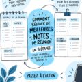 Femme prenant des notes durant une réunion d'entreprise, avec un ordinateur et un bloc-notes.