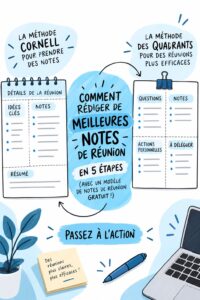 Femme prenant des notes durant une réunion d'entreprise, avec un ordinateur et un bloc-notes.