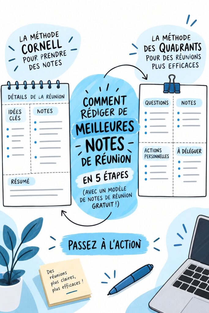 Femme prenant des notes durant une réunion d'entreprise, avec un ordinateur et un bloc-notes.