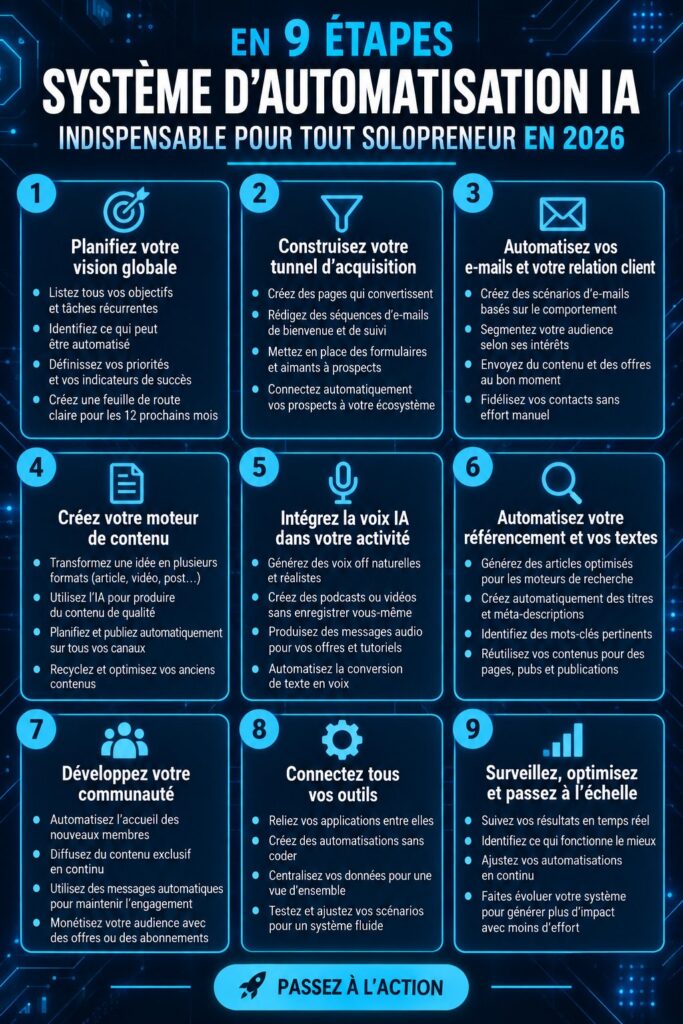 Un diagramme illustrant les étapes d'un système d'automatisation IA pour solopreneurs.