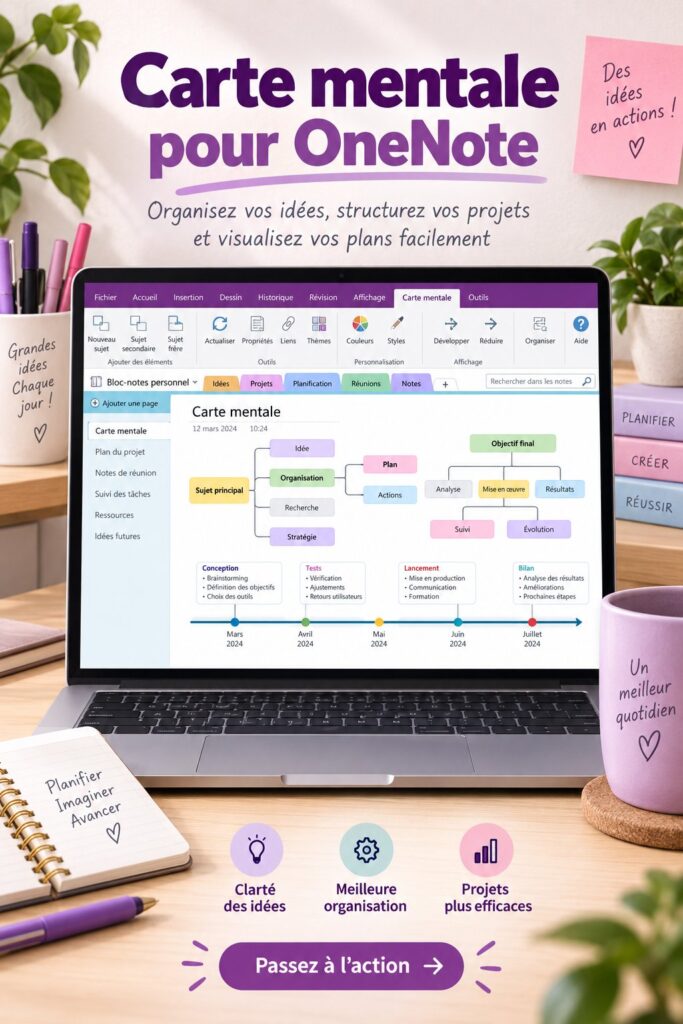 Capture d'écran d'une carte mentale sur OneNote avec des idées organisées.