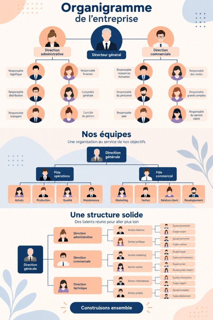 Organigramme d'entreprise clairement structuré, montrant les différentes équipes et leurs relations.