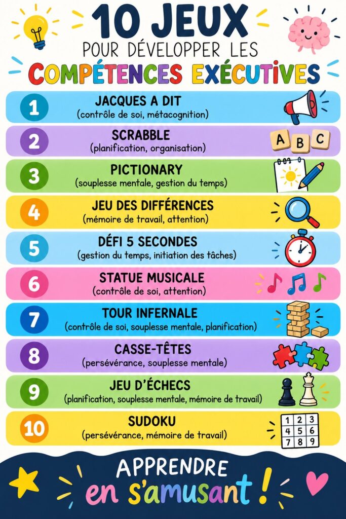Une femme souriante jouant à un jeu de société avec ses amis, illustrant le développement de compétences exécutives.