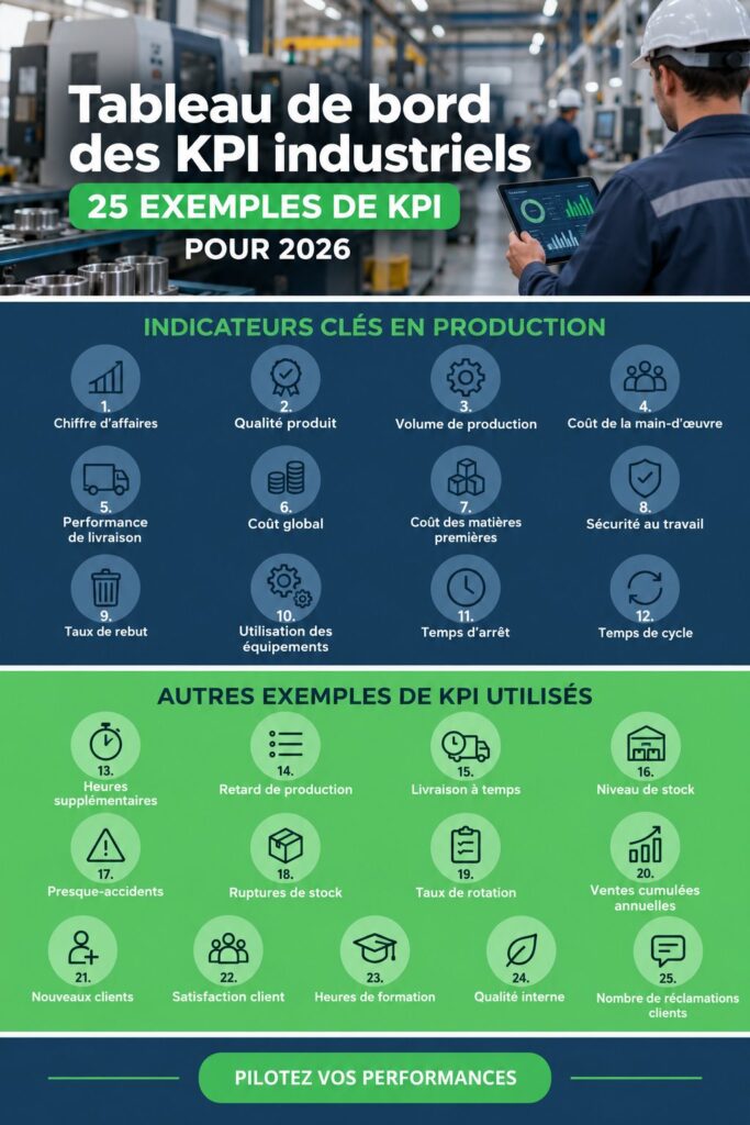 Tableau de bord illustrant des KPIs de fabrication pour optimiser la performance en 2026.