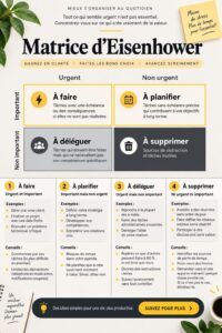 Illustration de la matrice d'Eisenhower montrant ses quatre quadrants pour gérer les priorités