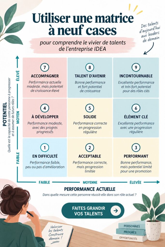 Matrice 9 cases illustrant le pipeline de talents en entreprise