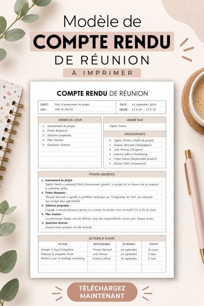 Une femme utilisant un modèle de compte rendu de réunion sur son ordinateur.