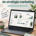 Modèle de stratégie marketing sur un fond clair, mettant en avant des graphiques et des chiffres.