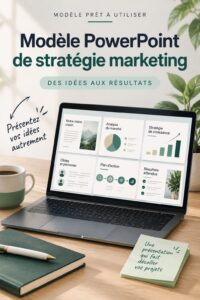 Modèle de stratégie marketing sur un fond clair, mettant en avant des graphiques et des chiffres.