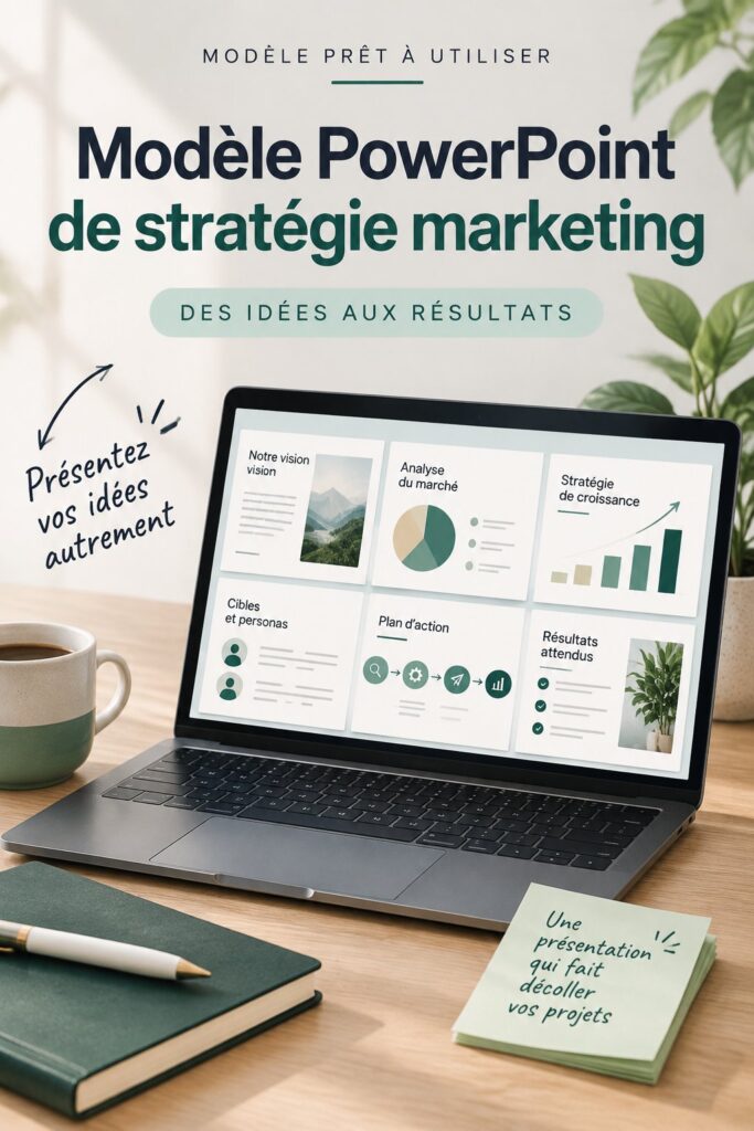 Modèle de stratégie marketing sur un fond clair, mettant en avant des graphiques et des chiffres.