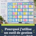 Femme dirigeant une réunion Scrum autour d'une table avec des post-it et un tableau blanc.