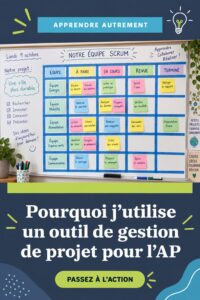 Femme dirigeant une réunion Scrum autour d'une table avec des post-it et un tableau blanc.