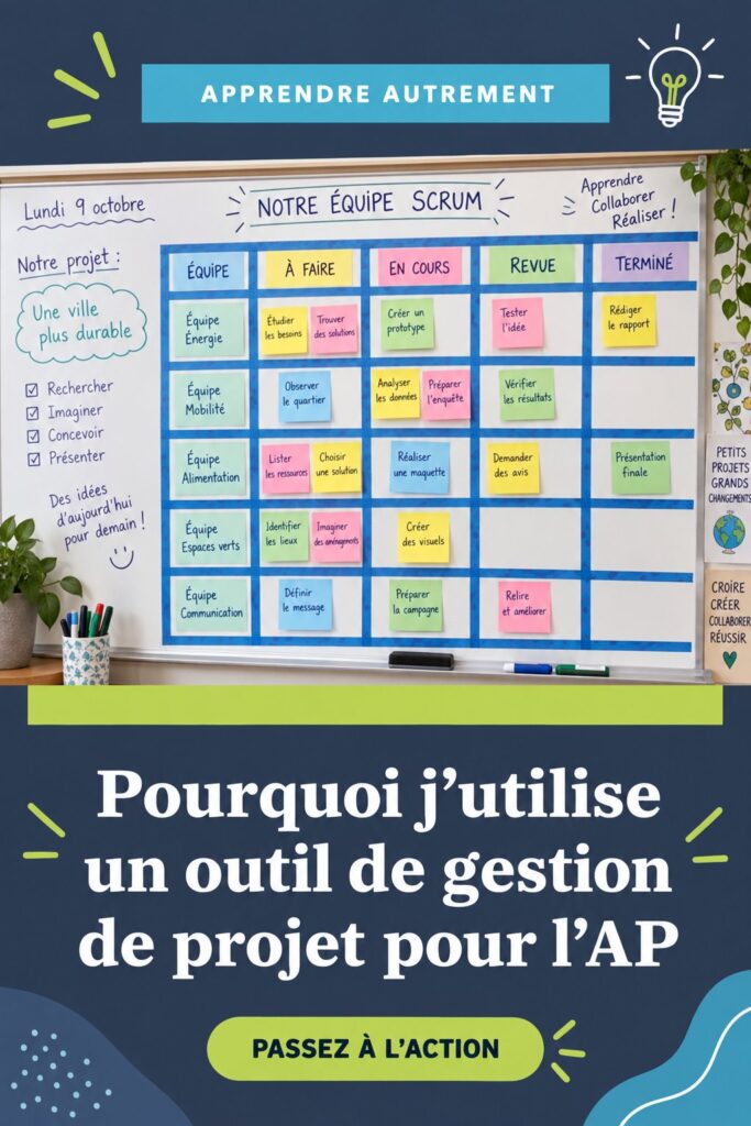 Femme dirigeant une réunion Scrum autour d'une table avec des post-it et un tableau blanc.