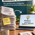 Femme d'affaires en train de réfléchir à des questions stratégiques, entourée de documents.