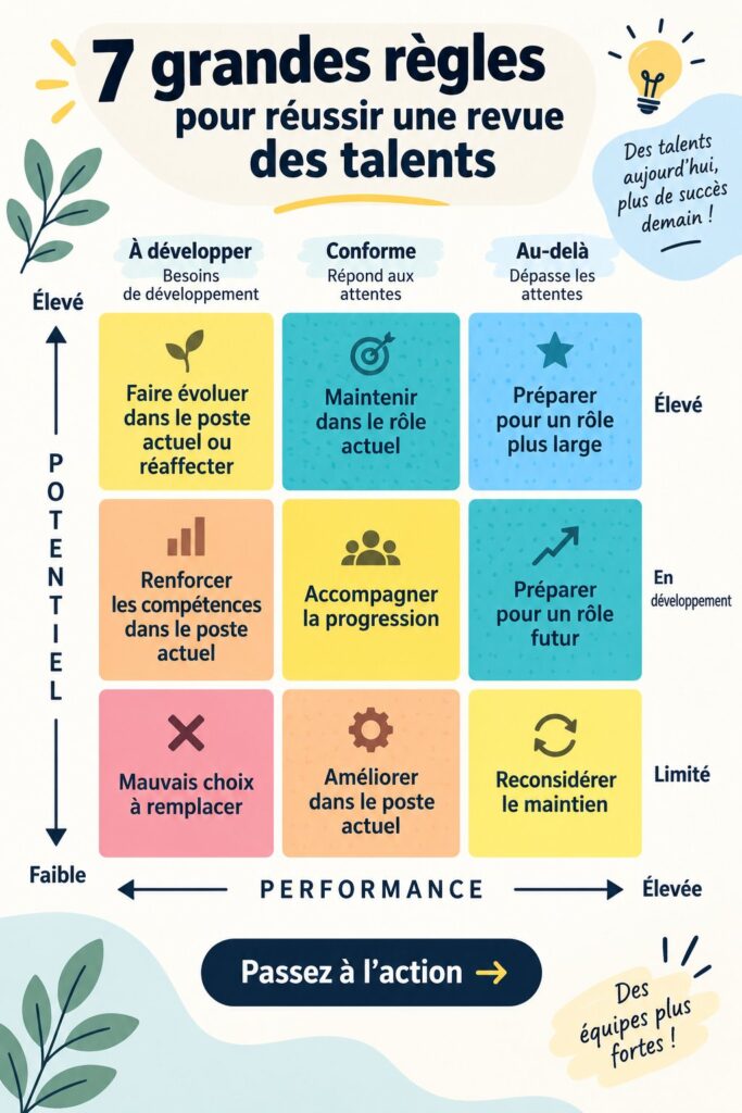 Illustration des règles d'évaluation des talents en entreprise, avec des équipes en discussion